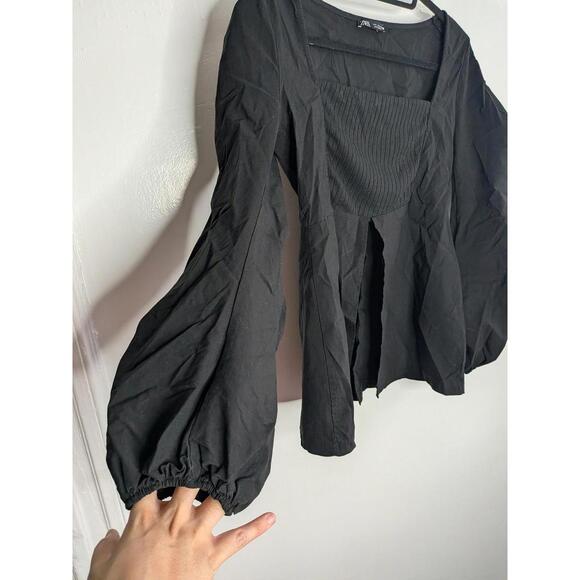 Zara Blouse Womens Large Black Square Neck Long Balloon Sleeve Pleated Top - Picture 4 of 8